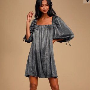 Free People Grey Metallic Puff Sleeve Shift Dress